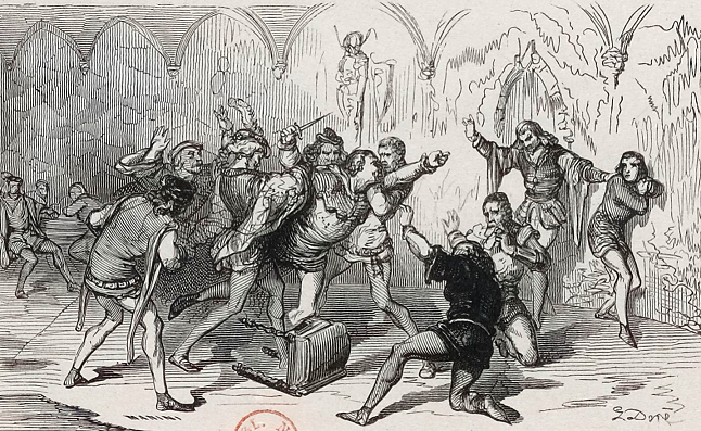 Gaston III Phébus tentant d'assassiner son fils - Gustave Doré d'après le récit de Froissart - Voyage aux Pyrénées -Hippolyte Taine, 1860.